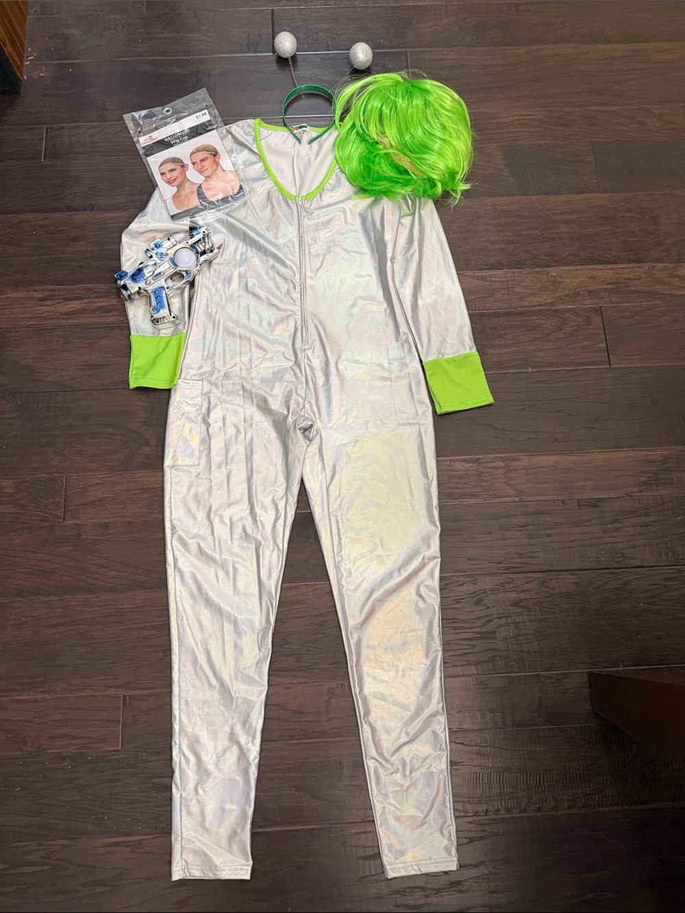 Tipsy Elves Alien Halloween Silver Metallic Jumpsuit with Neon Green Accents